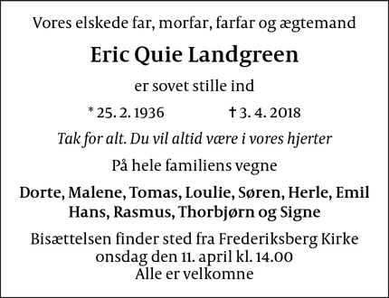 Dødsannoncen for Eric Quie Landgreen - København V