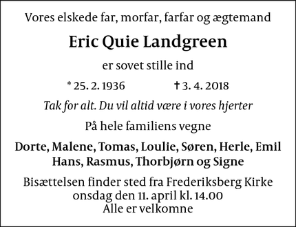 Dødsannoncen for Eric Quie Landgreen - København V