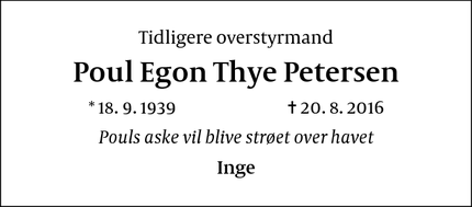 Dødsannoncen for Poul Egon Thye Petersen - København