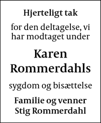 Dødsannoncen for Karen Rommerdahls - Frederiksberg