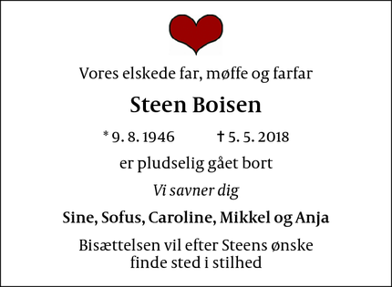 Dødsannoncen for Steen Boisen - Helsingborg