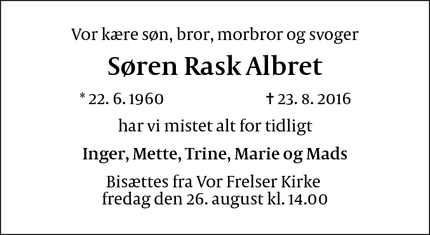 Dødsannoncen for Søren Rask Albret - Frederiksberg