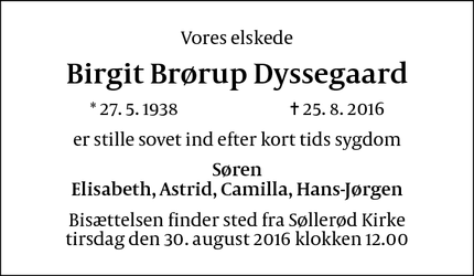 Dødsannoncen for Birgit Brørup Dyssegaard - Holte