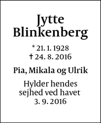 Dødsannoncen for Jytte Blinkenberg - Ordrup