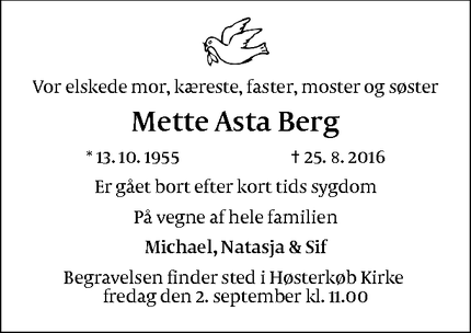 Dødsannoncen for Mette Asta Berg - Birkerød, Danmark
