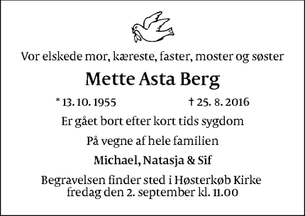 Dødsannoncen for Mette Asta Berg - Birkerød, Danmark