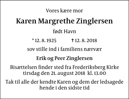 Dødsannoncen for Karen Margrethe Zinglersen - Frederiksberg