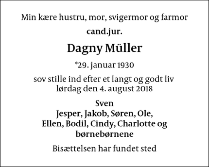 Dødsannoncen for Dagny Müller  - København NV