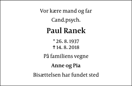Dødsannoncen for Paul Ranek - Helsingør