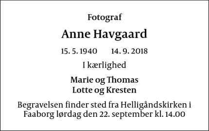 Dødsannoncen for Anne Havgaard - Faaborg