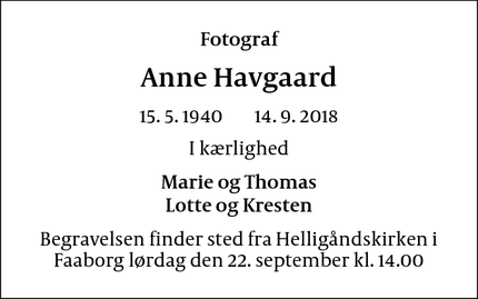 Dødsannoncen for Anne Havgaard - Faaborg