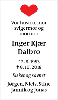 Dødsannoncen for Inger Kjær Dalbro - Birkerød