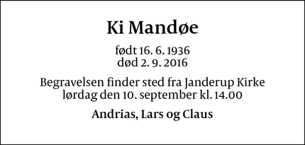 Dødsannoncen for Ki Mandøe - Varde