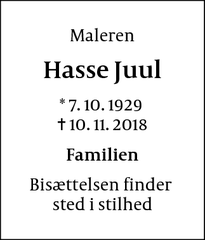 Dødsannoncen for Hasse Juul - Flade