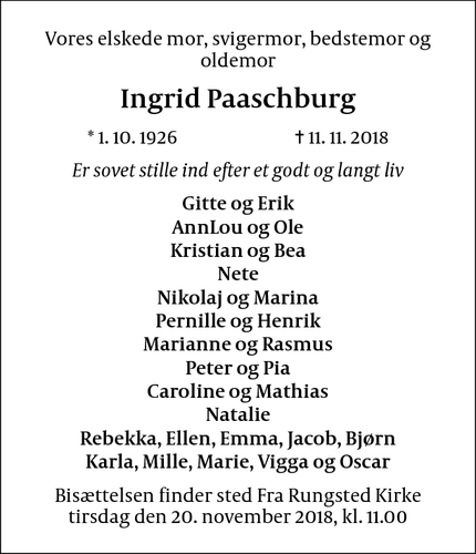 Dødsannoncen for Ingrid Paaschburg - Nivå