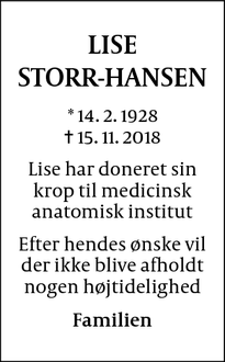 Dødsannoncen for LISE
STORR-HANSEN - 1723 København V