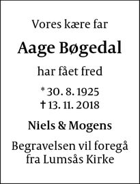 Dødsannoncen for Aage Bøgedal - Hundested
