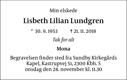 Dødsannoncen for Lisbeth Lilian Lundgren - København