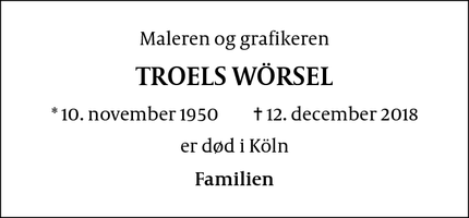Dødsannoncen for TROELS WÖRSEL - Köln