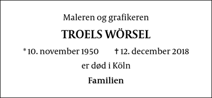 Dødsannoncen for TROELS WÖRSEL - Köln