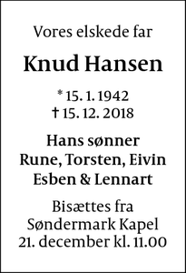 Dødsannoncen for Knud Hansen - København V