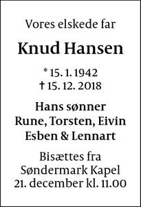 Dødsannoncen for Knud Hansen - København V