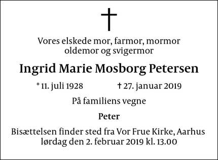 Dødsannoncen for Ingrid Marie Mosborg Petersen - Aarhus
