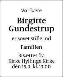Dødsannoncen for Birgitte Gundestrup - Jenslev