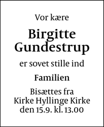 Dødsannoncen for Birgitte Gundestrup - Jenslev
