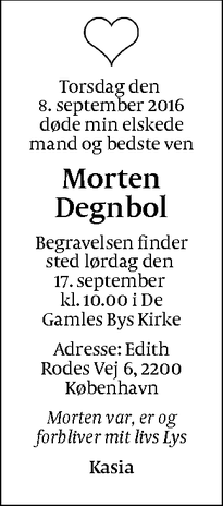 Dødsannoncen for Morten Degnbol - København