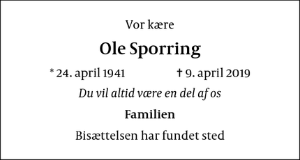 Dødsannoncen for Ole Sporring - Kastrup