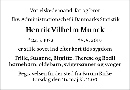 Dødsannoncen for Henrik Vilhelm Munck - Farum