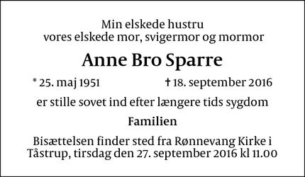 Dødsannoncen for Anne Bro Sparre - Taastrup