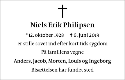 Dødsannoncen for Niels Erik Philipsen - Frederiksberg