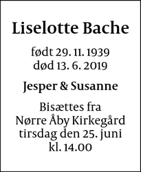 Dødsannoncen for Liselotte Bache - Nr. Åby