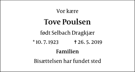 Dødsannoncen for Tove Poulsen - Charlottenlund