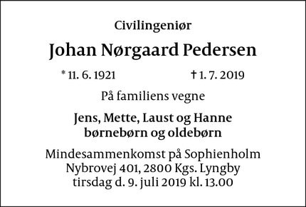 Dødsannoncen for Johan Nørgaard Pedersen - København