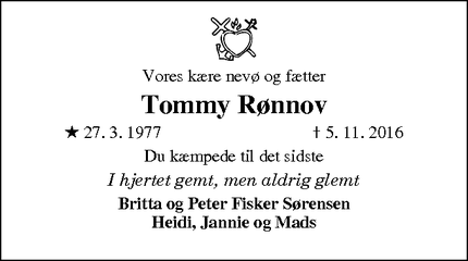 Dødsannoncen for Tommy Rønnov - Randers