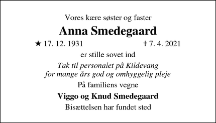 Dødsannoncen for Anna Smedegaard - Hadsten