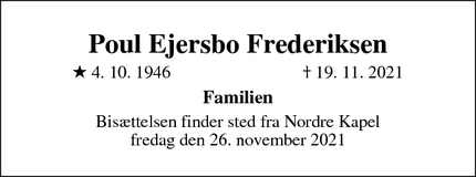 Dødsannoncen for Poul Ejersbo Frederiksen - Randers NØ