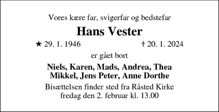 Dødsannoncen for Hans Vester - Stevnstrup ved Randers