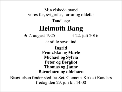 Dødsannoncen for Helmuth Bang - Randers