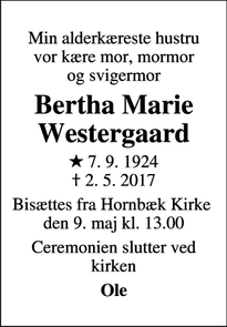 Dødsannoncen for Bertha Marie Westergaard - Randers
