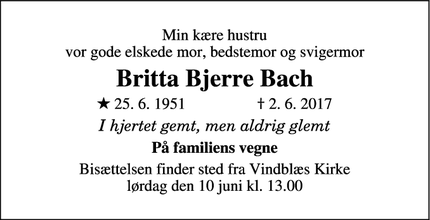 Dødsannoncen for Britta Bjerre Bach - Lindum