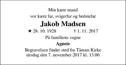 Dødsannoncen for Jakob Madsen - Randers