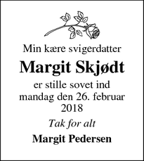Dødsannoncen for Margit Skjødt - Fårup