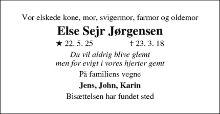 Dødsannoncen for Else Sejr Jørgensen - Randers