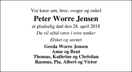 Dødsannoncen for Peter Worre Jensen - Hørning