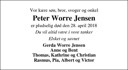 Dødsannoncen for Peter Worre Jensen - Hørning