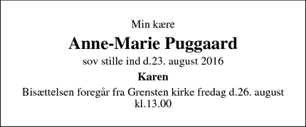 Dødsannoncen for Anne-Marie Puggaard - Stevnstrup, Danmark